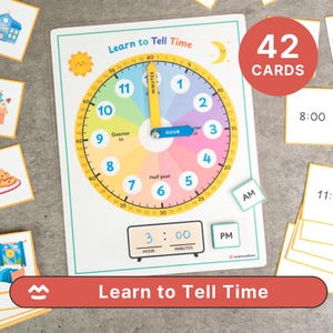 Afdrukbare klok leren klokkijken - 42 activiteitenkaarten | Interactieve klok voor kinderen | Thuisonderwijs, peuters, kleuters en kleuters