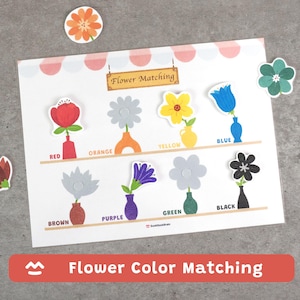 May include: A flower color matching game with a white background and a pink border. The game features colorful flower illustrations in vases, labeled with colors like red, orange, yellow, and blue. The text "Flower Matching" is at the top.