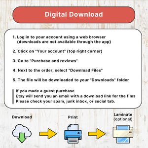 May include: A graphic with instructions for downloading digital files from Etsy. The top section reads "Digital Download." Steps include logging in, navigating to purchases, and downloading files. Icons for download, print, and laminate are also shown.
