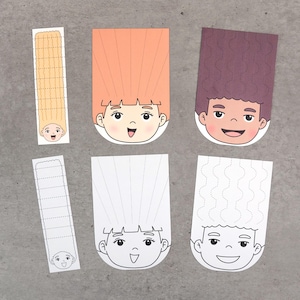 May include: A collection of colorful paper cutouts featuring cartoon faces with various hairstyles. The cutouts include orange, purple, and white designs, with dotted lines for cutting and folding. The faces have smiling expressions.