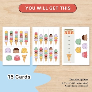 May include: Three cards with colorful ice cream cone illustrations. The cards feature various ice cream scoops and cones, with the text "YOU WILL GET THIS" at the top. The text "15 Cards" and size options are also visible.