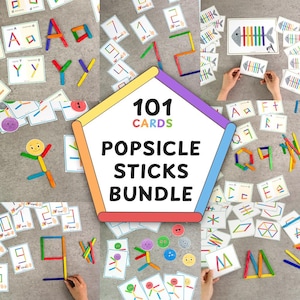 Pode incluir: Um conjunto de 101 cartões com palitos de picolé, apresentando letras, números e formas. A imagem inclui palitos de picolé coloridos dispostos para formar letras, números e formas geométricas, juntamente com cartões ilustrados.