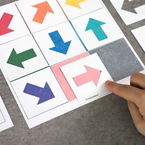 May include: A set of colorful arrow cards on a gray surface. The cards feature arrows in various colors, including red, orange, green, blue, and pink. A hand is pointing at a pink arrow card. The text "SookSookBrain" is visible.