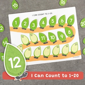 Atividade de contagem de formigas de 1 a 20, jogo de correspondência de números, matemática para pré-escola (imprimível), pré-escola e jardim de infância.