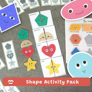 May include: A Shape Activity Pack featuring various colorful shapes with smiling faces. Includes puzzle cards of pentagons, semicircles, hearts, and stars. Additional shapes like parallelograms and hexagons are also shown. The pack is designed for educational play.