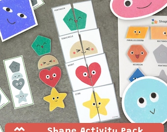 Pacchetto di attività di abbinamento di forme, gioco di puzzle, abbinamento di ombre, PDF stampabile