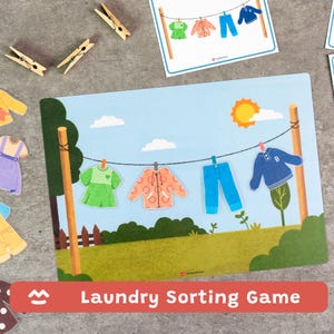 Gra „Sortowanie prania” do druku – ćwiczenia rozwijające małą motorykę, przedszkolaki i przedszkolaki, gra dopasowująca