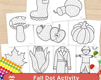 May include: A selection of black and white dot-to-dot activity sheets with autumn themes. Images include a wellington boot, acorn, mushroom, apple, pumpkin, leaf, corn, coat, and scarecrow. The text reads "Fall Dot Activity".