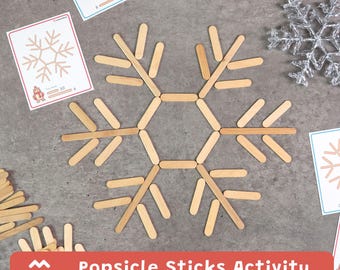 雪の結晶のアイスキャンディー棒を使ったアクティビティ、細かい運動能力を鍛えるゲーム、子供向けクリスマスアクティビティ、冬用の印刷物