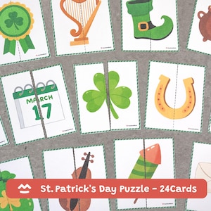 May include: A set of St. Patrick's Day puzzle cards, each split in two. The cards feature images of a shamrock, harp, leprechaun's boot, and a calendar with March 17. The text "St. Patrick's Day Puzzle - 24 Cards" is displayed on a red banner.