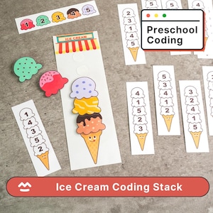 Può includere: Gioco di codifica a tema gelato per bambini in età prescolare. L'immagine mostra palline e coni gelato colorati con numeri, insieme al testo "Preschool Coding" e "Ice Cream Coding Stack".