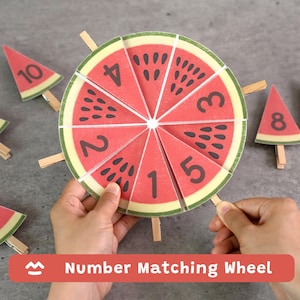 Può includere: Una ruota circolare per l'abbinamento dei numeri progettata come un'anguria a fette con polpa rossa, semi neri e buccia verde. La ruota presenta segmenti etichettati con i numeri da 1 a 5 e pezzi triangolari separati etichettati 8 e 10.