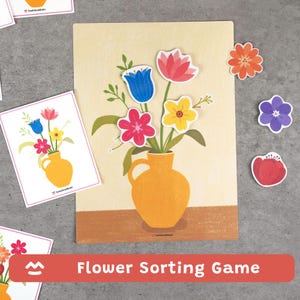May include: A flower sorting game with a yellow vase and colourful flowers. The game includes a large card with a vase illustration, flower cutouts, and smaller cards. The text "Flower Sorting Game" is displayed on a red banner.