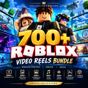 Può includere: Un grafico promozionale digitale per un pacchetto di 700+ Roblox Video Reels di Dreamlineventure. Presenta tre personaggi 3D, varie miniature di scene di gioco e un elenco di risorse incluse come clip di gioco, modelli e tracce musicali.