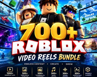 Pode incluir: Um gráfico promocional digital para um pacote de 700+ Roblox Video Reels da Dreamlineventure. Apresenta três personagens 3D, várias miniaturas de cenas de jogos e uma lista de ativos incluídos como clipes de jogo, modelos e faixas musicais.