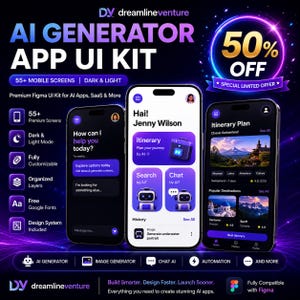 Könnte beinhalten: Werbung für ein AI Generator App UI Kit, mit drei Smartphones, die App-Oberflächen anzeigen. Das Kit enthält über 55 mobile Bildschirme, Dunkel- und Hellmodi und ist vollständig anpassbar. Der Text enthält "50% OFF" und "Build Smarter. Design Faster. Launch Sooner."