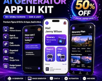 Kit d'interface utilisateur de l'application AI Generator | Écrans mobiles Figma SaaS (mode lumière sombre)