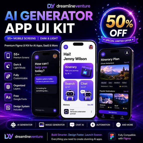 AI Generator App UI Kit | Figma SaaS Mobile Screens (Dark Light Mode)