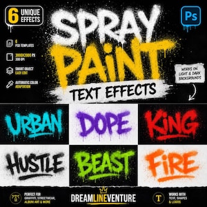 Può includere: Un prodotto di design digitale che mostra effetti di testo con vernice spray. L'immagine mostra le parole "SPRAY PAINT" in stile graffiti, insieme a esempi come "URBAN", "DOPE" e "KING". Include dettagli sui modelli PSD e sull'adattamento automatico del colore.