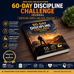 May include: A journal titled "60-Day Discipline Challenge Journal" with a silhouette of a person on a mountain, and the text "Build Habits, Crush Goals, Transform Your Life." The cover is dark with orange and white text. Includes sections for daily planning, habit tracking, and health tracking.