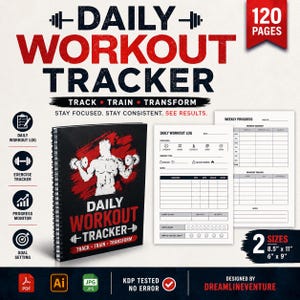 Peut inclure: Un cahier d'entraînement quotidien noir et rouge avec un athlète musclé sur la couverture. Le cahier comprend des sections pour les journaux d'entraînement quotidiens, le suivi des exercices, le suivi des progrès et la définition d'objectifs. Disponible en deux tailles : 21,6 cm x 27,9 cm et 15,2 cm x 22,9 cm.
