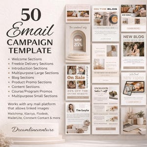 May include: A promotional graphic for email marketing templates. The design features the text "50 Email Campaign Template" with various sections like welcome, blog, and product promo. It includes examples of email layouts and the text "Works with any mail platform that allows linked images".