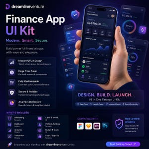 Könnte beinhalten: Werbebild für ein Finance App UI Kit. Das Bild zeigt ein Smartphone mit einer Finanz-App-Oberfläche, umgeben von Mockups der App-Oberfläche. Der Text enthält "Finance App UI Kit" und "Design. Build. Launch."