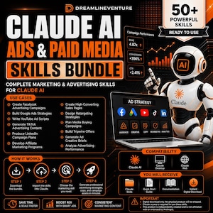 May include: A digital marketing bundle advertisement featuring a white and black robot with an AI logo on its head. The text reads Claude AI Ads & Paid Media Skills Bundle, 50+ Powerful Skills, and lists various marketing use cases, steps, and compatibility icons on a dark background with orange accents.