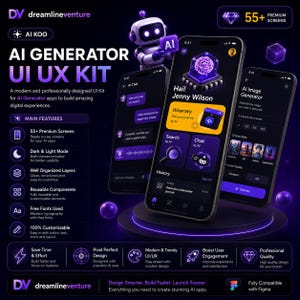 Peut inclure: Image promotionnelle pour un kit UI/UX AI Generator. L'image pr&eacute;sente trois smartphones affichant des interfaces d'applications, un robot et du texte mettant en &eacute;vidence des fonctionnalit&eacute;s telles que des &eacute;crans premium, le mode sombre et des composants r&eacute;utilisables.
