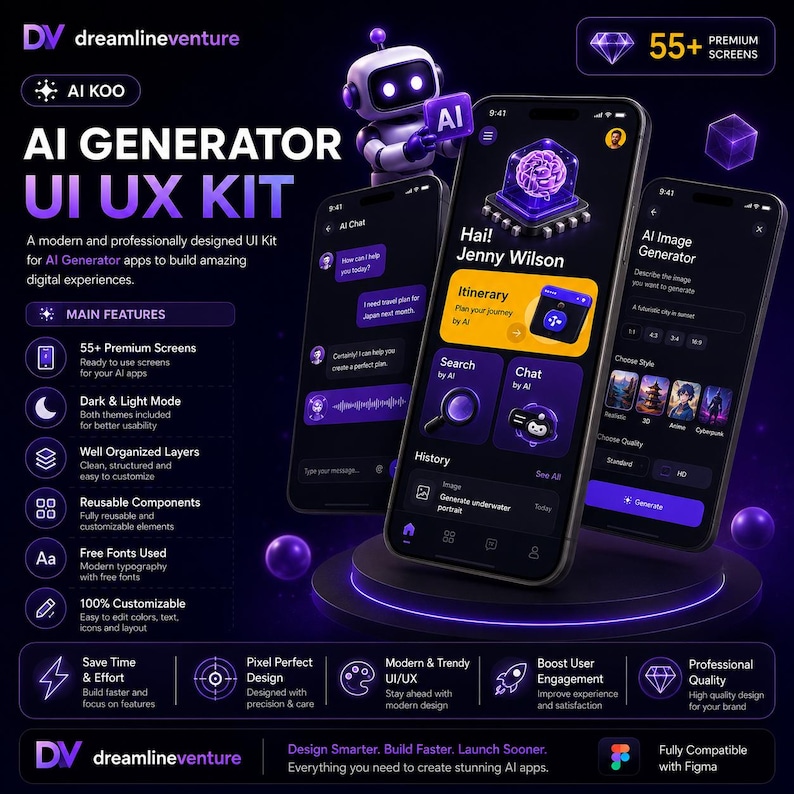 Peut inclure: Image promotionnelle pour un kit UI/UX AI Generator. L'image pr&eacute;sente trois smartphones affichant des interfaces d'applications, un robot et du texte mettant en &eacute;vidence des fonctionnalit&eacute;s telles que des &eacute;crans premium, le mode sombre et des composants r&eacute;utilisables.