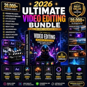 May include: A 2026 Ultimate Video Editing Bundle digital product advertisement featuring a central box graphic with a futuristic astronaut, surrounded by text lists of 20,000+ premium assets, Premiere Pro and After Effects icons, and download details.