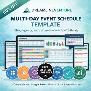May include: An advertisement for a multi-day event schedule template, displayed on multiple devices. The template offers features such as colour-coding, calendar layout, and multi-level tracking. The image includes the text "50% OFF" and "FREE LIFETIME UPGRADES". The template is compatible with Google Sheets, Microsoft Excel, and Apple Numbers.