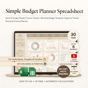 May include: A laptop screen displays a budget planner spreadsheet with charts and graphs. The text reads "Simple Budget Planner Spreadsheet" and includes features like 30 tabs, recurring logs, and automatic calculations. It is designed for individuals, couples, and families.