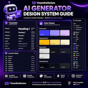 Peut inclure: Un guide de conception num&eacute;rique intitul&eacute; "AI GENERATOR DESIGN SYSTEM GUIDE" avec une palette de couleurs violet et blanc. Le guide comprend la typographie, le syst&egrave;me de couleurs et les styles de texte locaux. Le texte indique "Design Smarter. Build Faster. Launch Sooner."