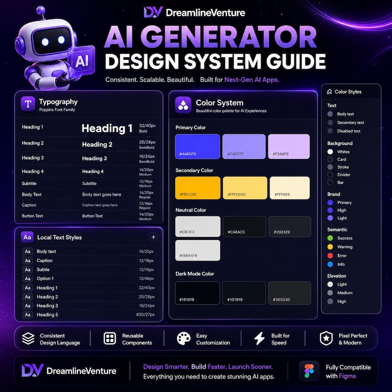 Peut inclure: Un guide de conception num&eacute;rique intitul&eacute; "AI GENERATOR DESIGN SYSTEM GUIDE" avec une palette de couleurs violet et blanc. Le guide comprend la typographie, le syst&egrave;me de couleurs et les styles de texte locaux. Le texte indique "Design Smarter. Build Faster. Launch Sooner."