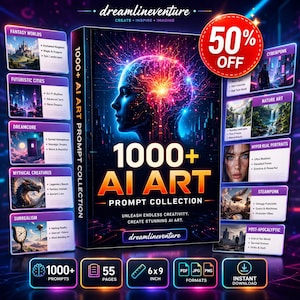 Op de afbeelding: Een digitale kunstproductcover met de tekst "1000+ AI Art Prompt Collection". De cover toont een gloeiende hersengrafiek en een silhouet van een vrouw. Extra details zijn een 50% kortingsactie en diverse voorbeelden van kunststijlen.