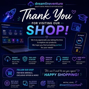 Peut inclure: Un graphique num&eacute;rique affichant le texte Thank You FOR VISITING OUR SHOP! avec un ordinateur portable et un smartphone montrant des tableaux de bord d'apprentissage. Des ic&ocirc;nes illustrent le t&eacute;l&eacute;chargement et la compatibilit&eacute;.