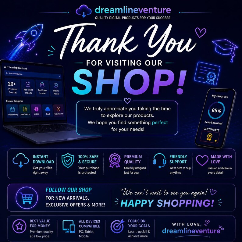 Peut inclure: Un graphique num&eacute;rique affichant le texte Thank You FOR VISITING OUR SHOP! avec un ordinateur portable et un smartphone montrant des tableaux de bord d'apprentissage. Des ic&ocirc;nes illustrent le t&eacute;l&eacute;chargement et la compatibilit&eacute;.