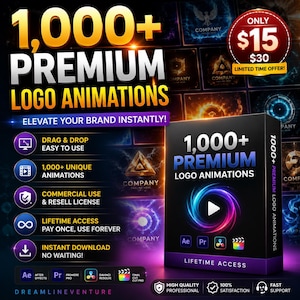 Puede incluir: Gráfico promocional para más de 1.000 animaciones de logotipos premium. El diseño presenta una caja negra con el nombre del producto y un botón de reproducción con un remolino colorido. Texto adicional destaca características.