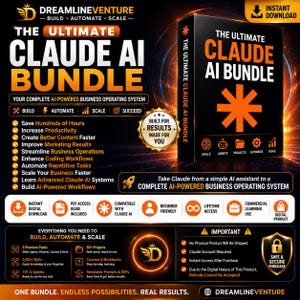 Könnte beinhalten: Eine digitale Produktwerbung für The Ultimate Claude AI Bundle, die eine schwarze Box mit einem orangefarbenen Sternchen-Logo zeigt. Die Grafik enthält Textlisten mit Funktionen, Symbole für Fähigkeiten und Agenten sowie ein goldenes Abzeichen.