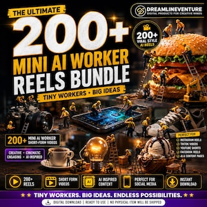 Puede incluir: Un paquete de productos digitales titulado The Ultimate 200+ Mini AI Worker Reels Bundle. El gráfico muestra trabajadores en miniatura interactuando con una hamburguesa grande, una cámara, un teléfono inteligente, una taza de café, una bombilla y una zapatilla. El texto incluye Tiny Workers, Big Ideas y Dreamlineventure. El diseño muestra varios iconos y etiquetas que indican videos cortos, contenido inspirado en IA y disponibilidad de descarga instantánea.