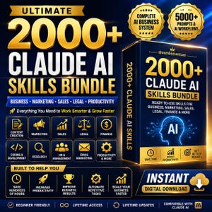 Puede incluir: Un anuncio de producto digital para el Ultimate 2000+ Claude AI Skills Bundle. El gráfico en azul oscuro y dorado presenta texto, iconos para categorías empresariales como marketing y finanzas, y una caja que representa la descarga digital.