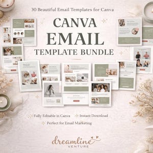 Può includere: Un pacchetto di modelli di email Canva, con una varietà di design con immagini e testo. Le parole "CANVA EMAIL TEMPLATE BUNDLE" sono ben visibili. L'immagine include anche il testo "Fully Editable in Canva" e "Instant Download".