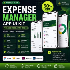 May include: A digital UI kit for an expense manager mobile app, featuring three smartphone screens displaying financial data, charts, and transaction lists. The design uses a dark green and white color scheme with text including Expense Manager App UI Kit.