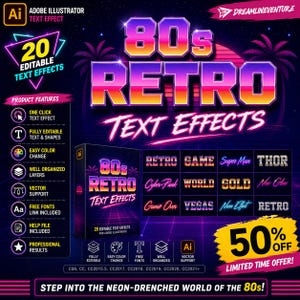 May include: An advertisement for 20 editable text effects for Adobe Illustrator, with an 80s retro theme. The design features vibrant neon colors, including pink, purple, and yellow. The product offers easy color changes, vector support, and free fonts.