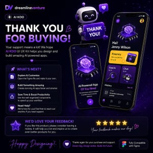 Peut inclure: Graphique promotionnel pour AI KOO UI UX Kit, avec un robot, des smartphones et du texte. Les t&eacute;l&eacute;phones affichent une interface d'application aliment&eacute;e par l'IA avec une ic&ocirc;ne de cerveau. Le texte comprend "Merci pour votre achat !" et "Happy Designing!"