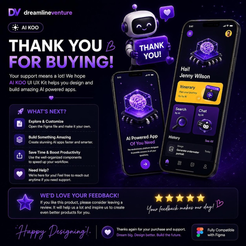 Peut inclure: Graphique promotionnel pour AI KOO UI UX Kit, avec un robot, des smartphones et du texte. Les t&eacute;l&eacute;phones affichent une interface d'application aliment&eacute;e par l'IA avec une ic&ocirc;ne de cerveau. Le texte comprend "Merci pour votre achat !" et "Happy Designing!"