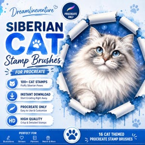 May include: Digital Siberian Cat stamp brushes for Procreate featuring a fluffy cat with blue eyes inside a torn paper effect. The text reads Dreamlineventure, Siberian Cat Stamp Brushes, 100+ Cat Stamps, Instant Download, Procreate Only, and HD.