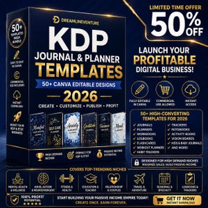 May include: A promotional image for KDP Journal & Planner Templates, offering over 50 Canva editable designs for 2026. The image highlights features like commercial use, instant access, and high-converting templates for various niches. Includes a 50% off limited time offer.