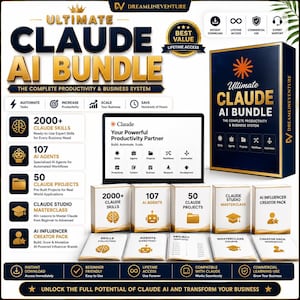 Può includere: Un pacchetto di prodotti digitali intitolato Ultimate Claude AI Bundle che include un portatile con software di produttività, una confezione software e cinque schede informative che descrivono 2000+ competenze, 107 agenti IA, 50 progetti, una masterclass e un pacchetto creator.